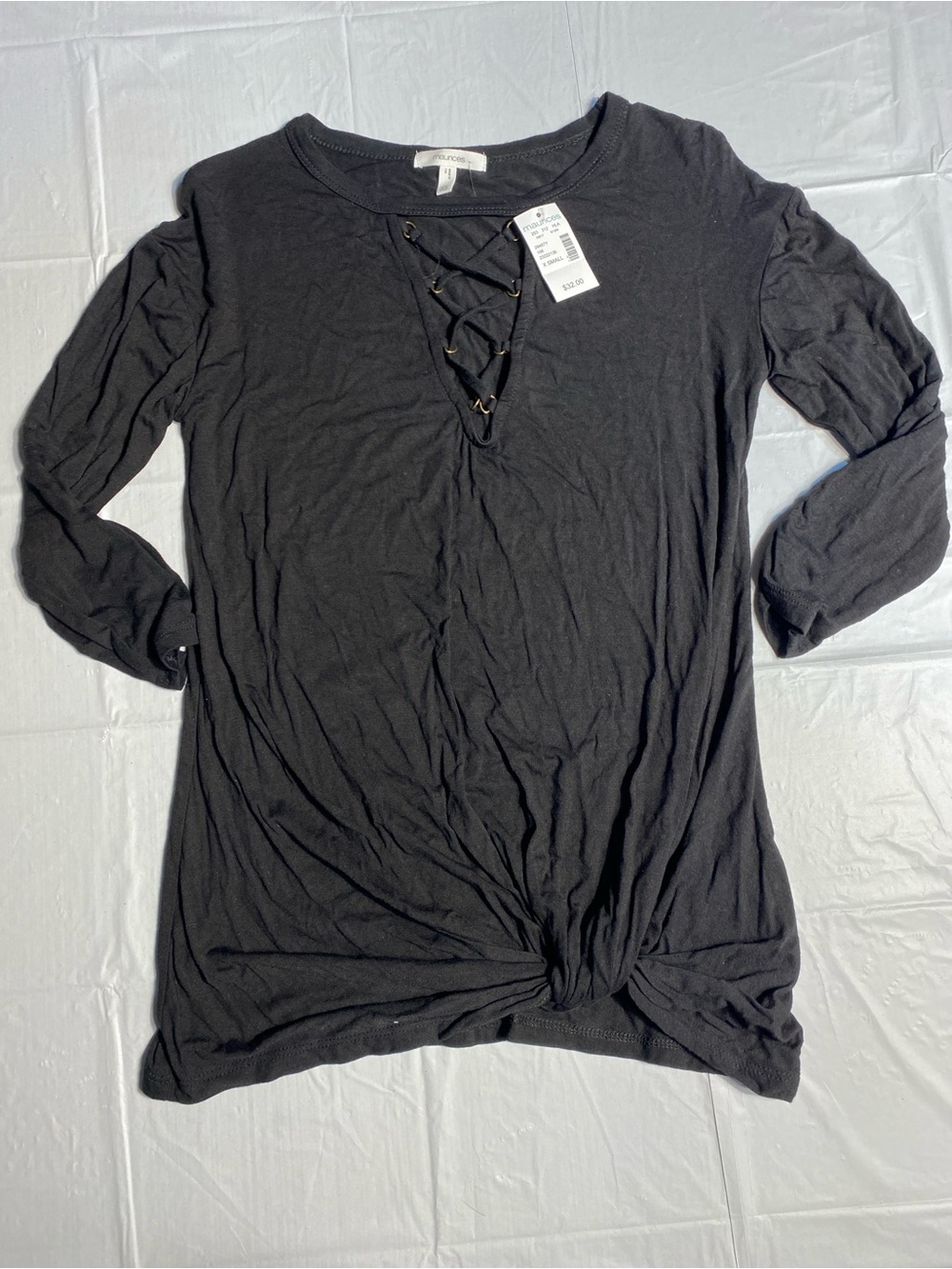 Maurices Black Lace-Up Knot Hem Long Sleeve Top
